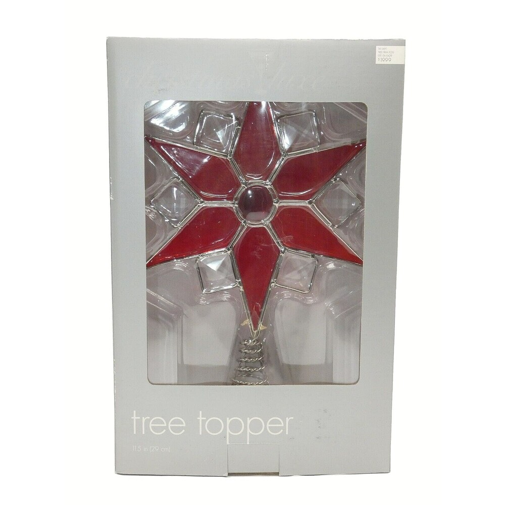 Christmas Luxe Tree Topper Glass Red Star 11.5" Metal Bottom Loop in Box 2004